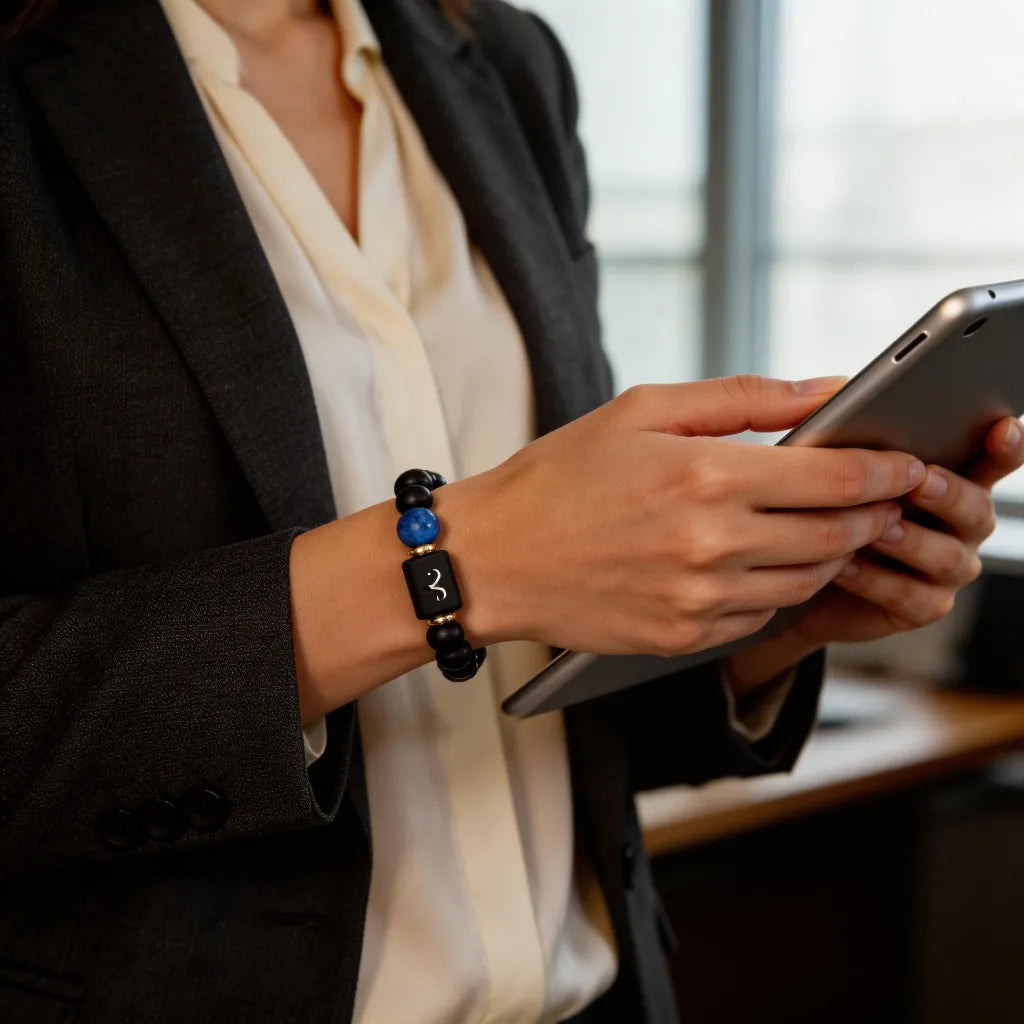 Aries zodiac bracelet styled for workwear with black beads, blue gemstone detail, and polished daily confidence