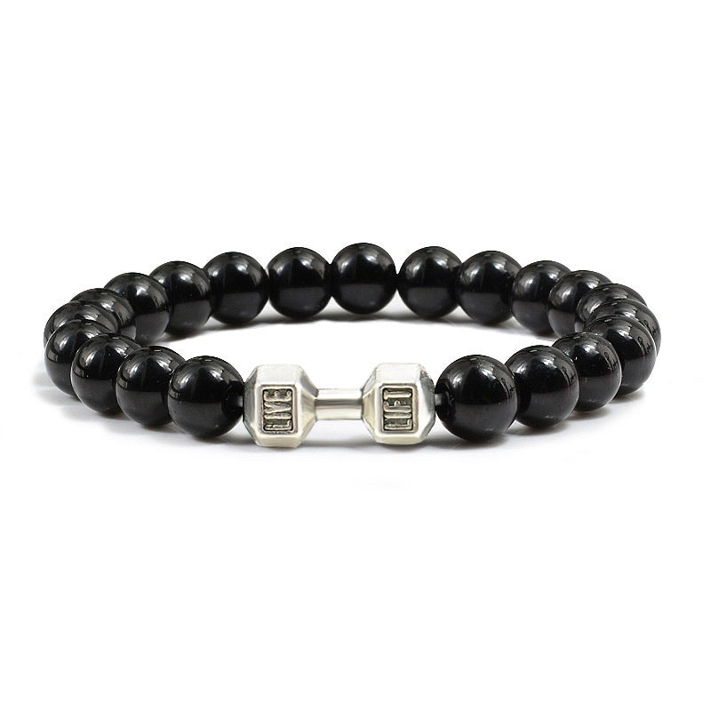 Barbell beaded bracelet in black with silver-color connector, showing 8 mm round beads, a dumbbell-shaped connector, and a circular unisex strand on a bright white product setting.