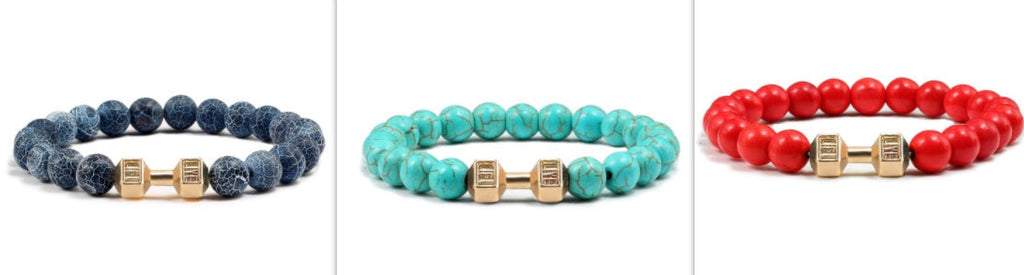 Barbell beaded bracelet in black turquoise-color and red Set selection, showing 8 mm round beads, a dumbbell-shaped connector, and a circular unisex strand in a clear product view.