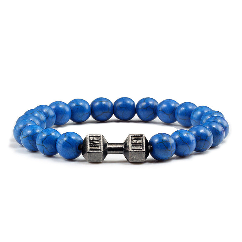 Barbell beaded bracelet in blue with gun-black connector, showing 8 mm round beads, a dumbbell-shaped connector, and a circular unisex strand against a clean white product setting.