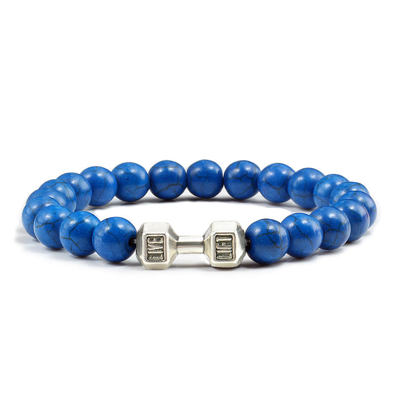 Barbell beaded bracelet in blue with silver-color connector, showing 8 mm round beads, a dumbbell-shaped connector, and a circular unisex strand on a neutral white product setting.