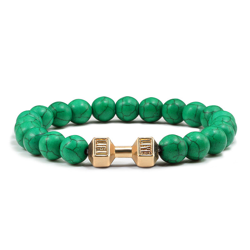 Barbell beaded bracelet in dark green with gold-color connector, showing 8 mm round beads, a dumbbell-shaped connector, and a circular unisex strand for an easy product comparison.