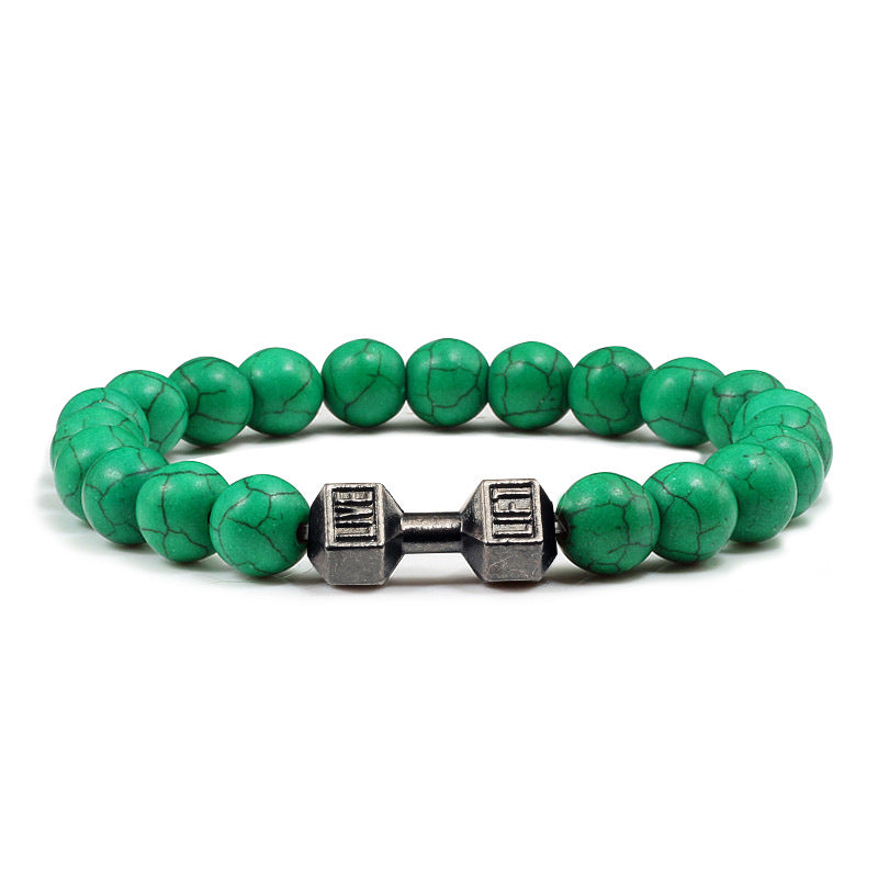 Barbell beaded bracelet in dark green with gun-black connector, showing 8 mm round beads, a dumbbell-shaped connector, and a circular unisex strand on a clean white studio setting.