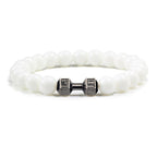 Barbell beaded bracelet in glossy white with gun-black connector, showing 8 mm round beads, a dumbbell-shaped connector, and a circular unisex strand on a neutral white background.