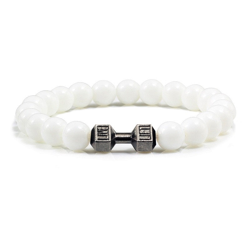 Barbell beaded bracelet in glossy white with gun-black connector, showing 8 mm round beads, a dumbbell-shaped connector, and a circular unisex strand on a neutral white background.