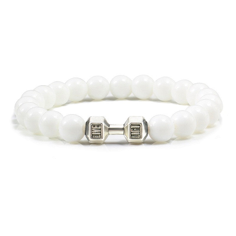 Barbell beaded bracelet in glossy white with silver-color connector, showing 8 mm round beads, a dumbbell-shaped connector, and a circular unisex strand on a bright white backdrop.