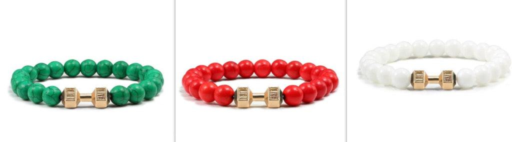 Barbell beaded bracelet in green red and white Set selection, showing 8 mm round beads, a dumbbell-shaped connector, and a circular unisex strand on a bright white product setting.