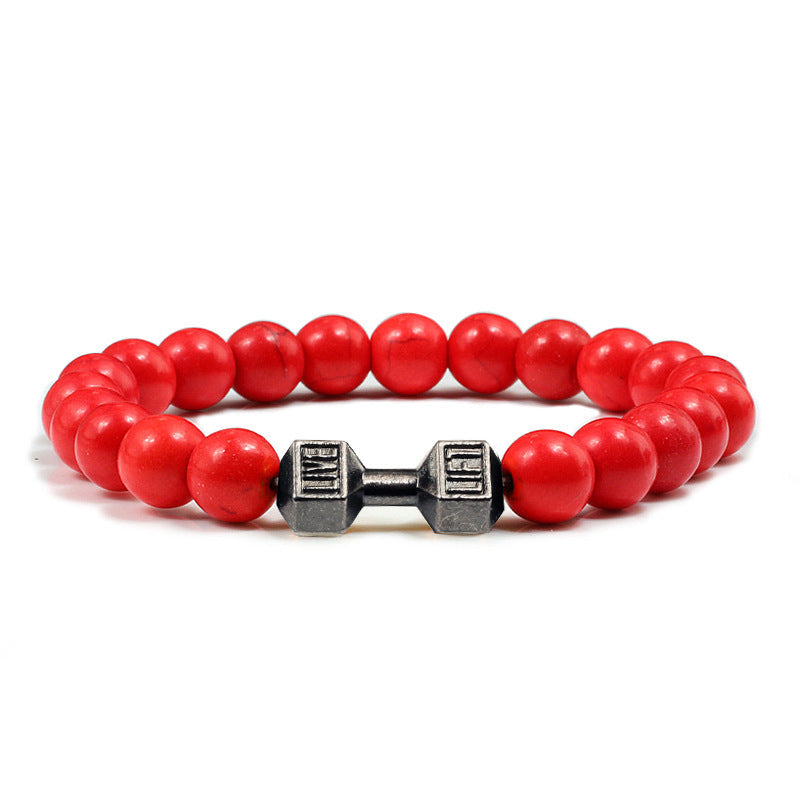 Barbell beaded bracelet in red with gun-black connector, showing 8 mm round beads, a dumbbell-shaped connector, and a circular unisex strand on a bright clean white studio setting.