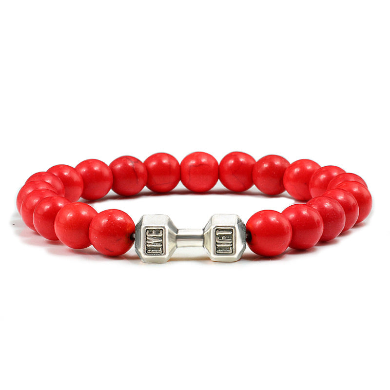 Barbell beaded bracelet in red with silver-color connector, showing 8 mm round beads, a dumbbell-shaped connector, and a circular unisex strand on a plain white jewelry background.