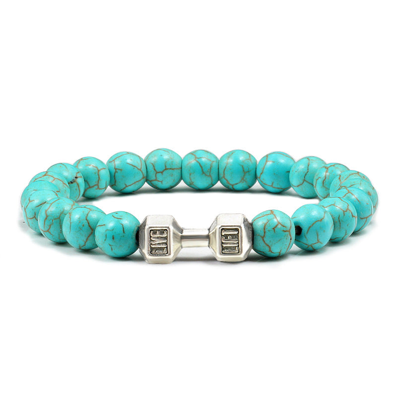 Barbell beaded bracelet in turquoise-color with silver-color connector, showing 8 mm round beads, a dumbbell-shaped connector, and a circular unisex strand in a clear product view.