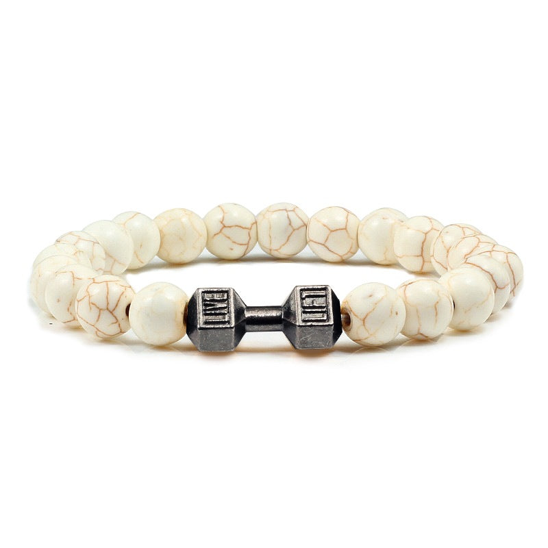 Barbell beaded bracelet in white porcelain with gun-black connector, showing 8 mm round beads, a dumbbell-shaped connector, and a circular unisex strand on a bright white backdrop.