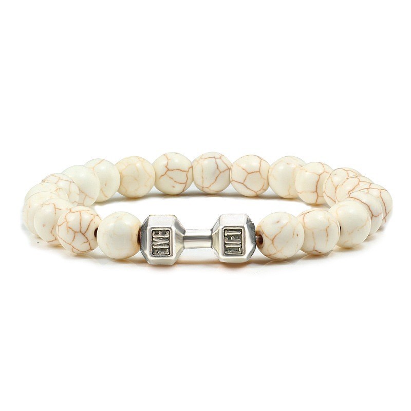 Barbell beaded bracelet in white porcelain with silver-color connector, showing 8 mm round beads, a dumbbell-shaped connector, and a circular unisex strand in a clear product view.