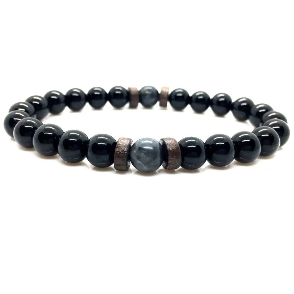 Black Obsidian labradorite beaded bracelet isolated on a white background featuring polished natural gemstone jewelry for online product shopping.