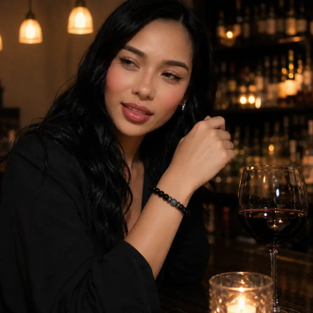 Black Obsidian labradorite gemstone bracelet worn with evening wear while holding champagne showcasing premium crystal jewelry for luxury style.