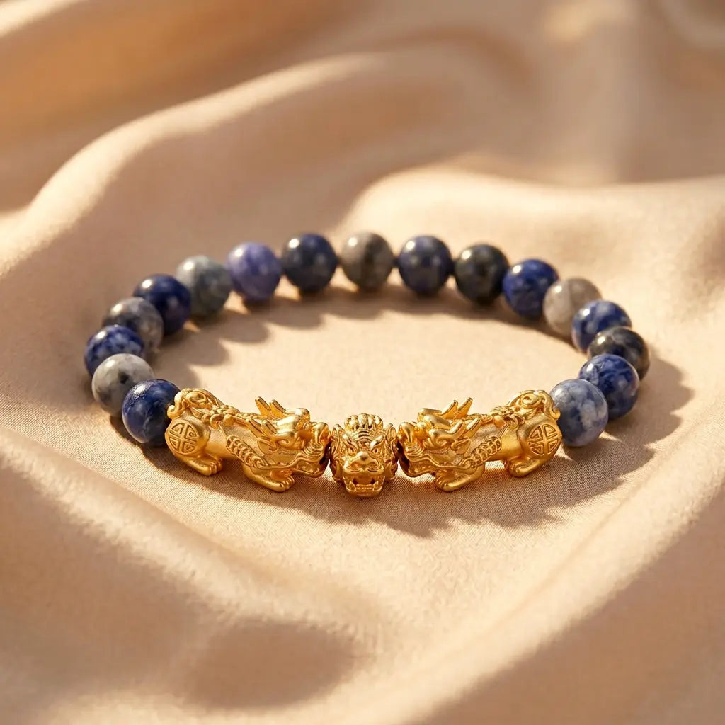 Blue tiger eye bracelet on beige silk with gold dragon charms and blue gray beads for polished prosperity style