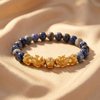 Blue tiger eye bracelet on beige silk with gold dragon charms and blue gray beads for polished prosperity style
