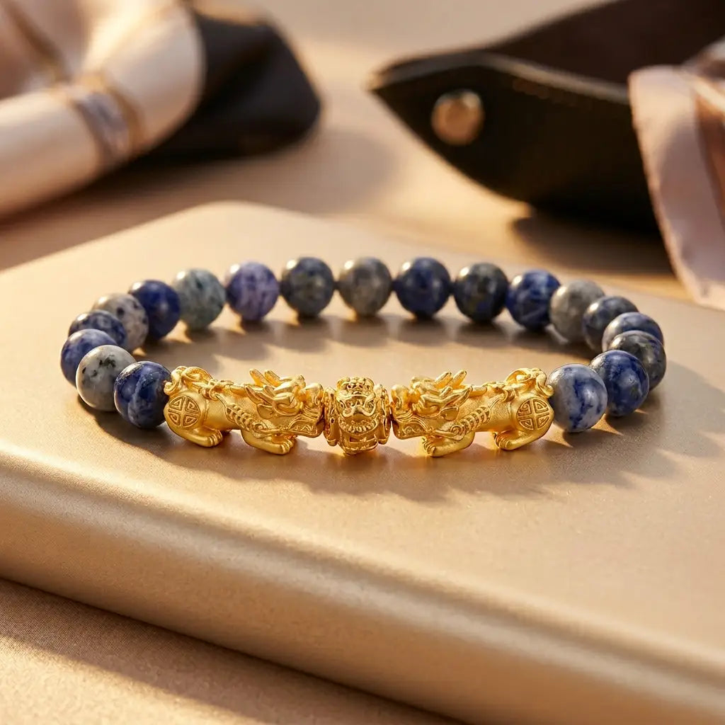 Blue tiger eye bracelet with gold Pixiu dragons, blue gray stone beads, and satin styling for luxury gift appea