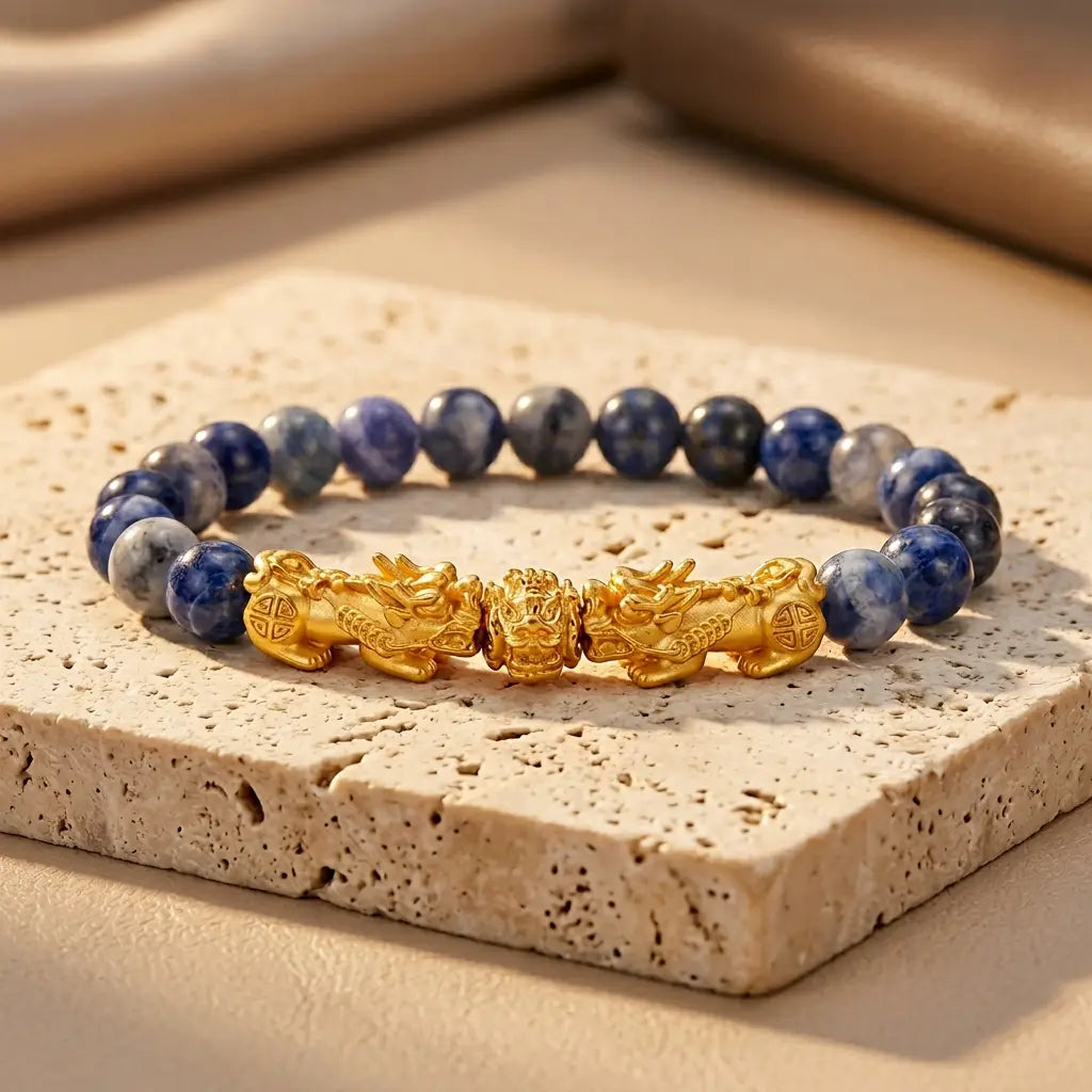 Blue tiger eye bracelet on stone slab with gold dragon charm, blue gemstone beads, and warm light for bold energy