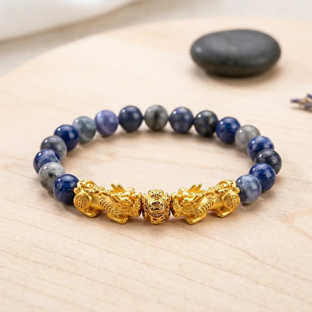 Blue tiger eye bracelet with blue stone beads, gold dragon charms, and wood display for lucky protection gift idea