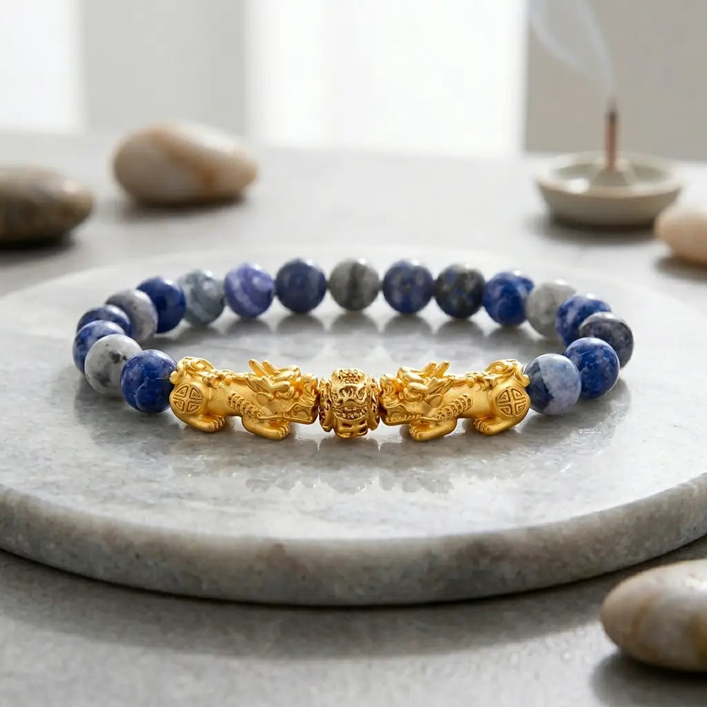 Blue tiger eye bracelet on gray stone tray with blue beads, gold Pixiu charms, and incense for serene daily focus
