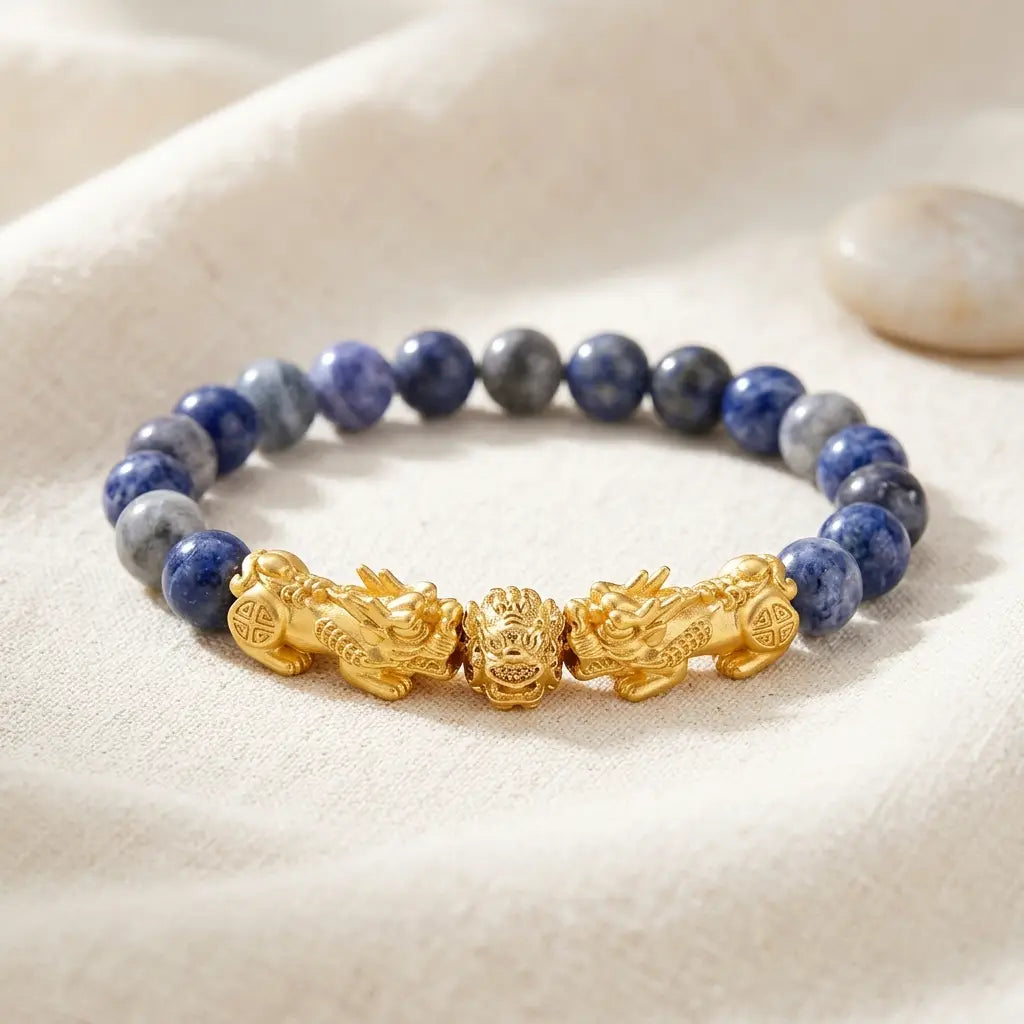 Blue tiger eye bracelet on soft linen with blue gray gemstone beads and gold dragon charms for calm confidence