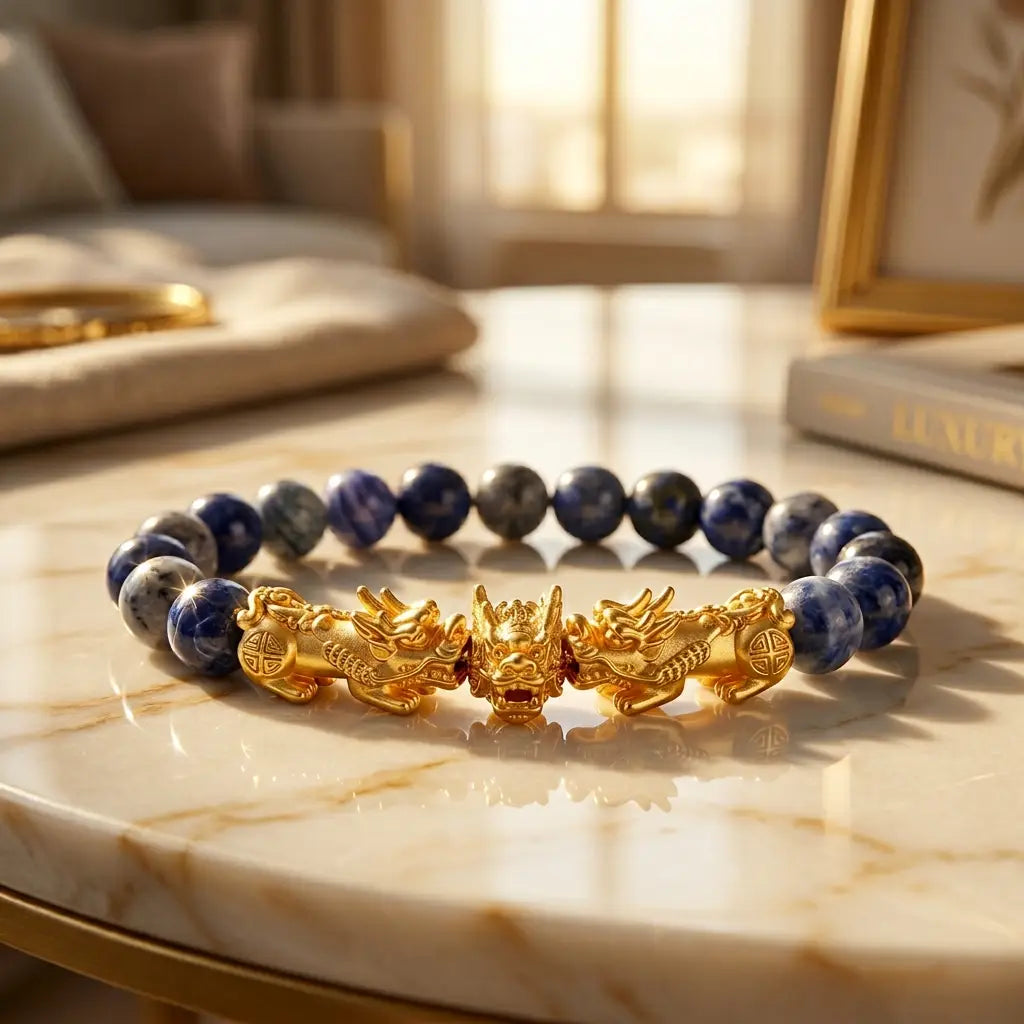 Blue tiger eye bracelet on golden marble with blue stone beads and gold dragon charms for statement wealth gift
