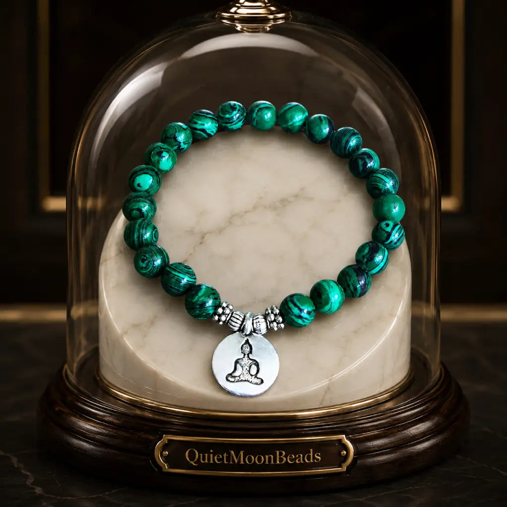 Buddha green tigereye bracelet under glass dome on marble stand, premium spiritual healing jewelry by QuietMoonBeads