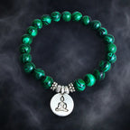 Buddha green tigereye bead bracelet with silver meditation charm, swirled green stone yoga jewelry gift