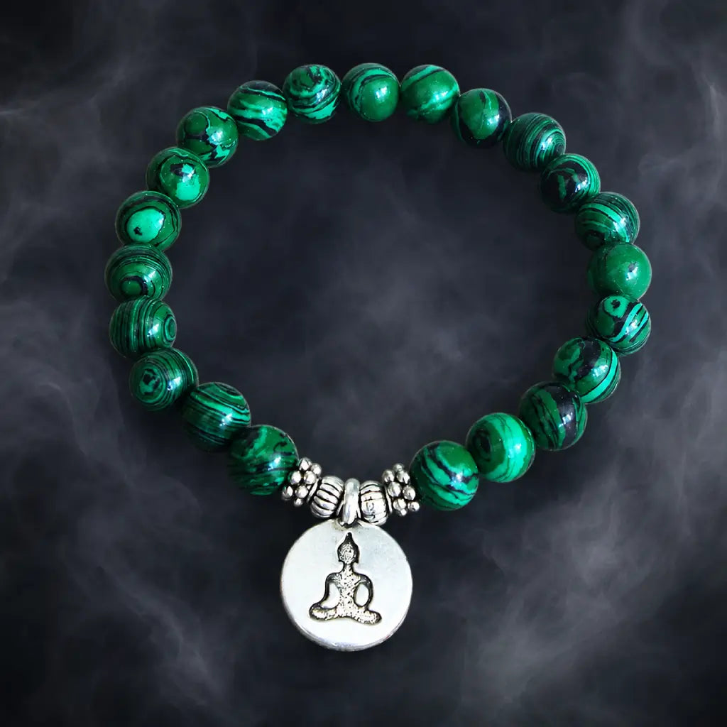 Buddha green tigereye bead bracelet with silver meditation charm, swirled green stone yoga jewelry gift