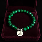 Buddha green tigereye bracelet in burgundy velvet gift box, spiritual healing stone jewelry ready to gift