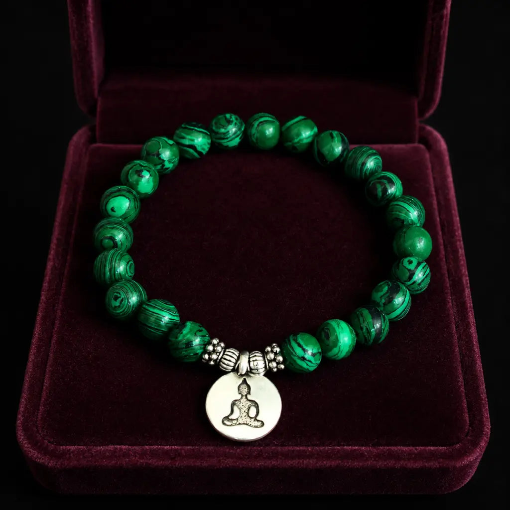 Buddha green tigereye bracelet in burgundy velvet gift box, spiritual healing stone jewelry ready to gift