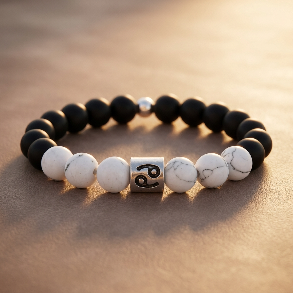 Black and white beaded bracelet with a silver charm on a textured surface