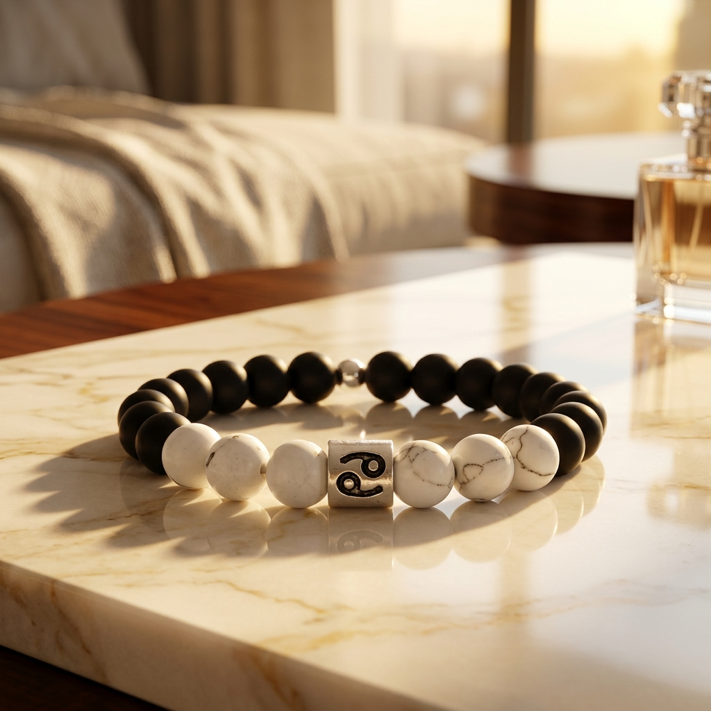 Black and white beaded bracelet on a marble surface with a blurred background