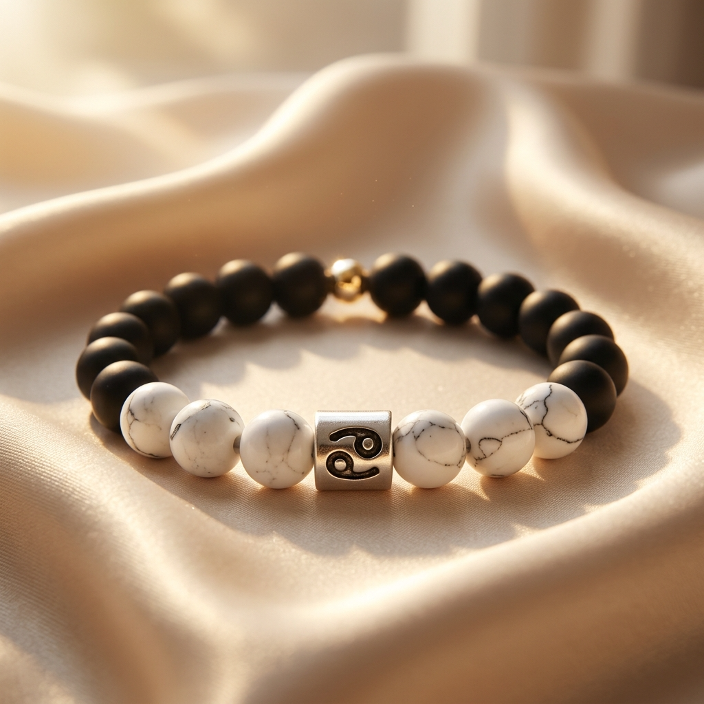 Bracelet with black and white beads on a beige fabric background