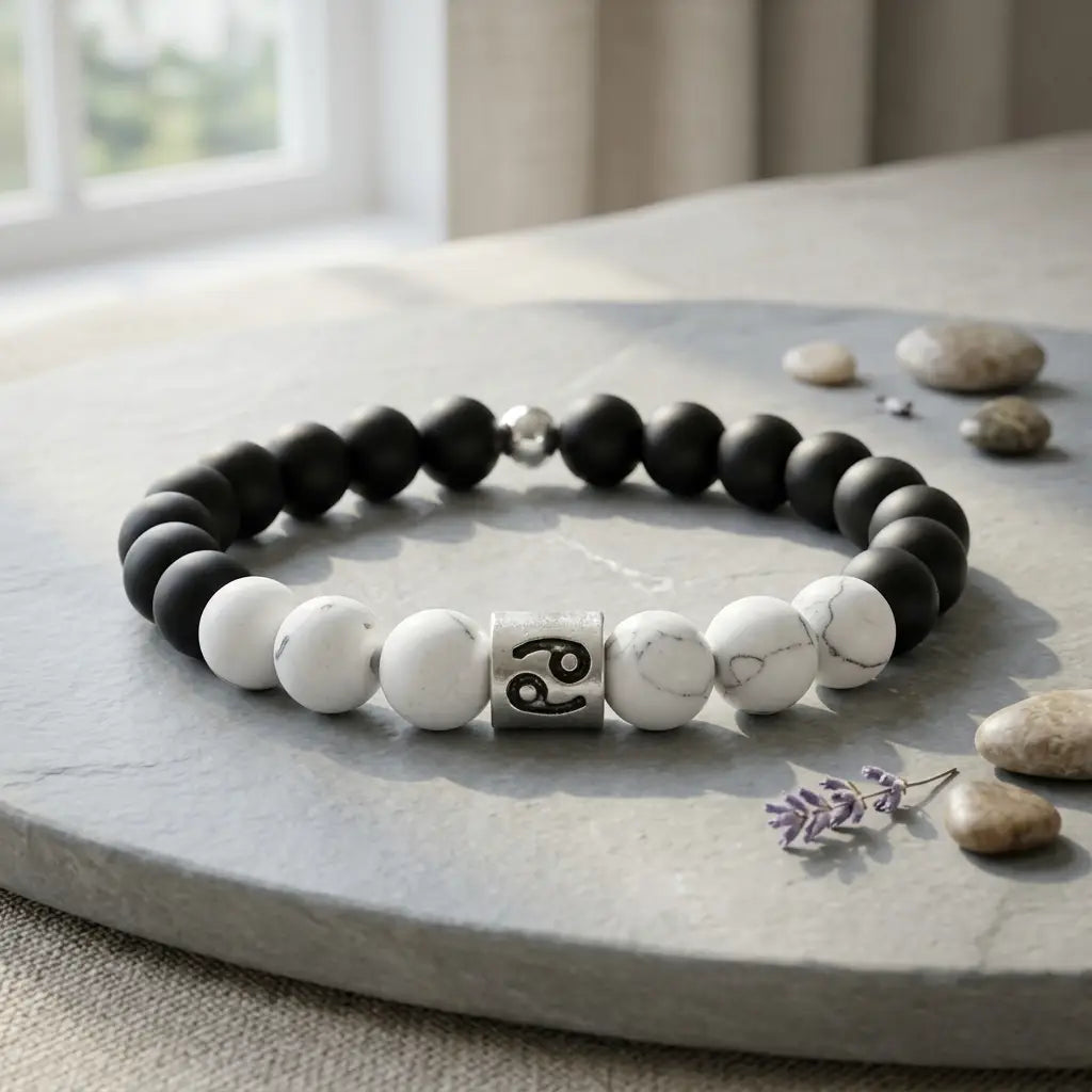 Black and white beaded bracelet on a stone surface with stones and a flower in the background