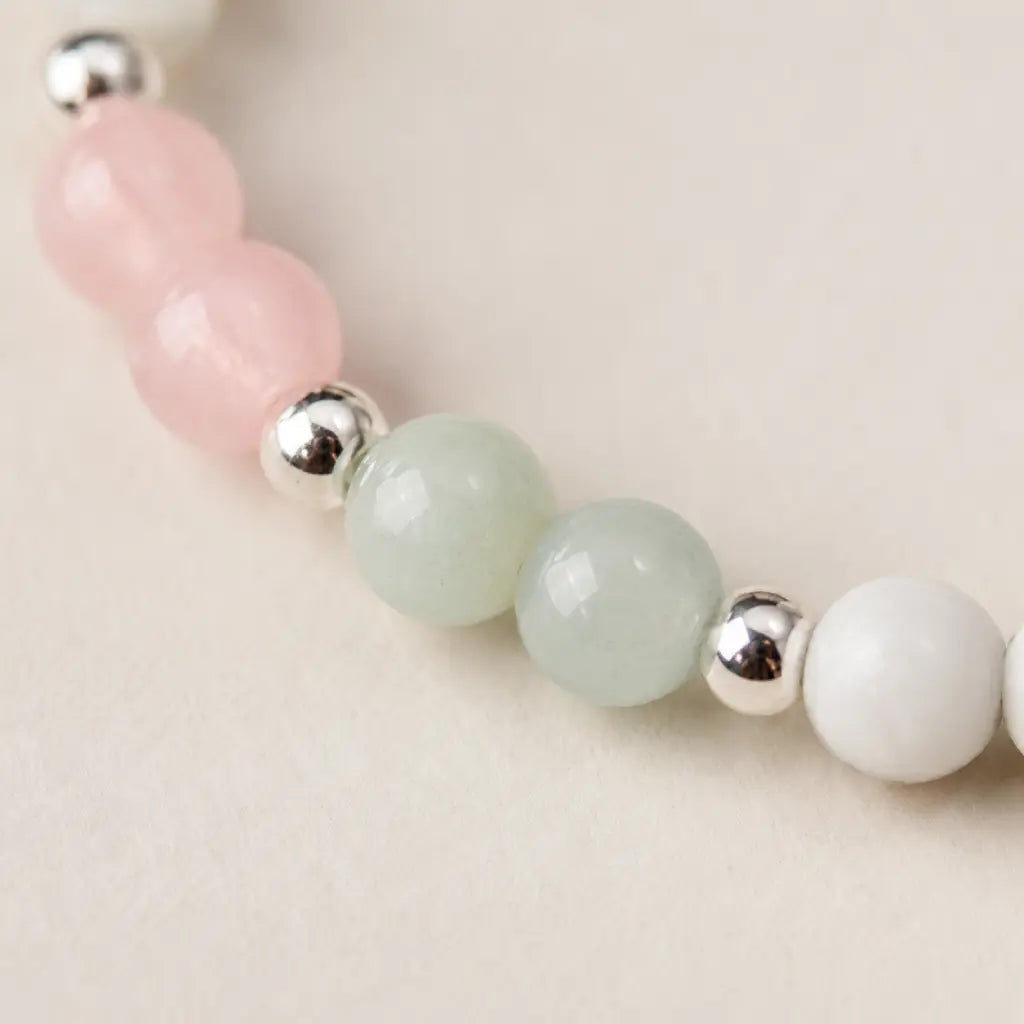 Cancer bracelet featuring amazonite and rose quartz gemstone beads with premium silver spacers and zodiac design