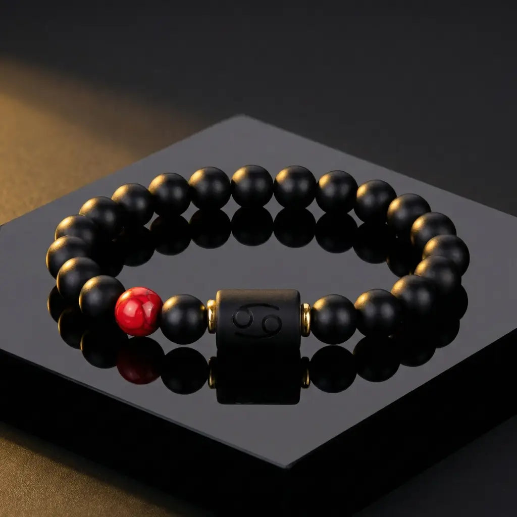 Cancer zodiac bracelet black beads with red stone on natural surface symbolizing grounding energy and holistic healing style accessory
