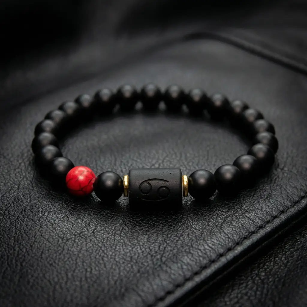 Cancer zodiac bracelet black beads with red stone on leather surface delivering masculine luxury style and bold everyday accessory appeal