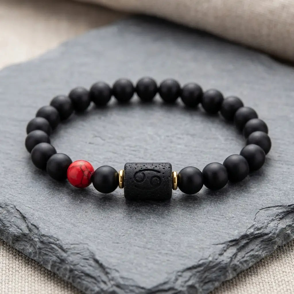 Cancer zodiac bracelet on wrist with black beads and red accent stone styled with modern outfit for confident everyday fashion look
