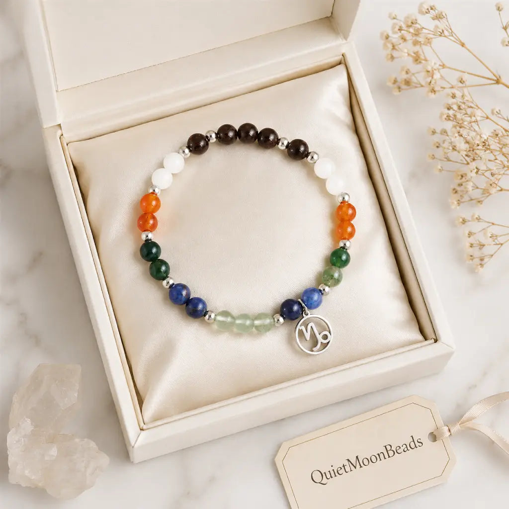 Capricorn zodiac crystal bracelet inside a premium jewelry box featuring natural gemstones for special occasion gifting.