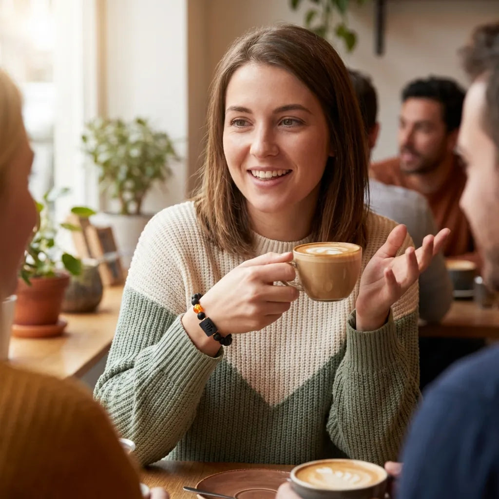 Capricorn zodiac bracelet worn while enjoying coffee with friends, featuring black beads and amber accent for relaxed style