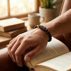 Capricorn zodiac bracelet on wrist with black beads and amber charm, styled for cozy reading and mindful gifting