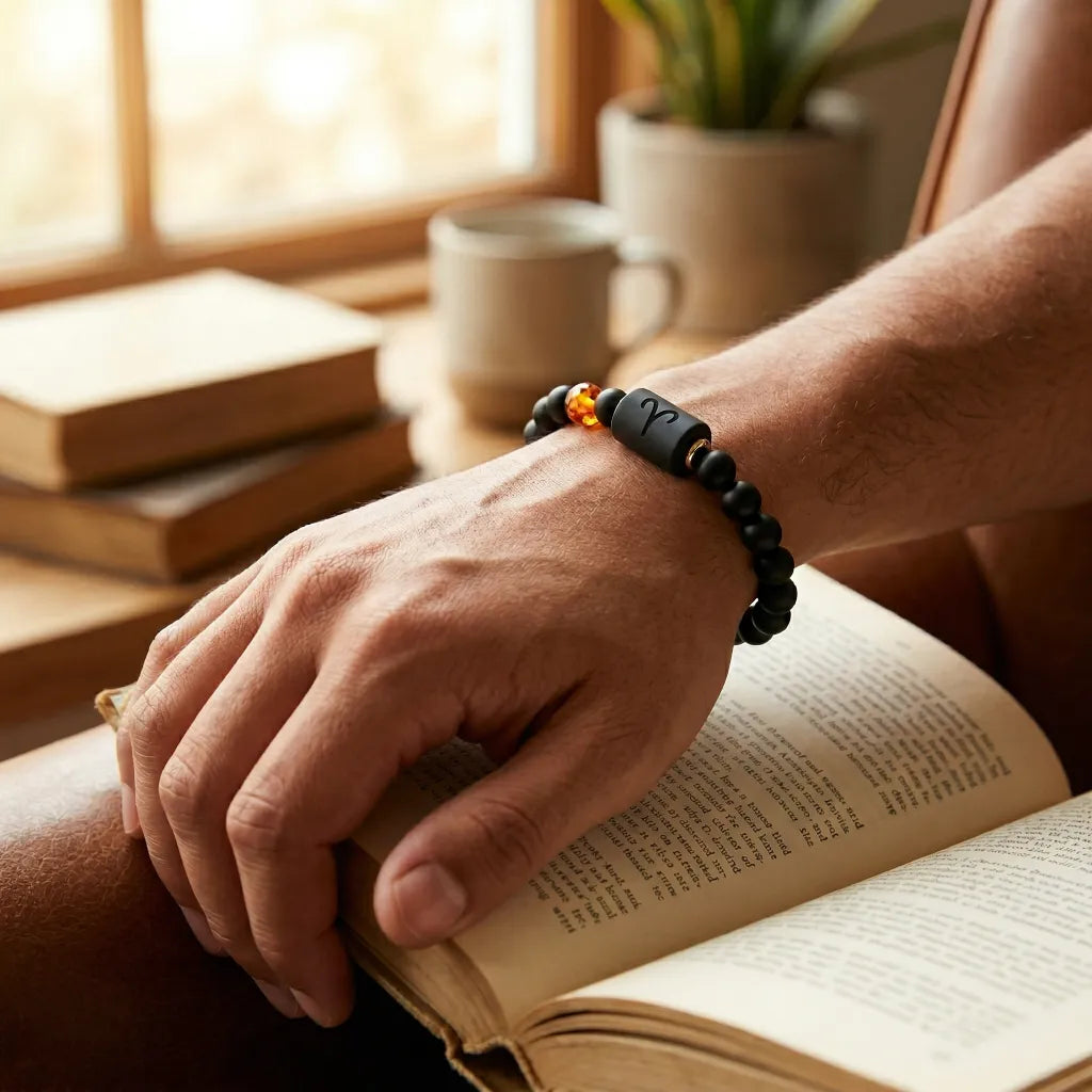 Capricorn zodiac bracelet on wrist with black beads and amber charm, styled for cozy reading and mindful gifting