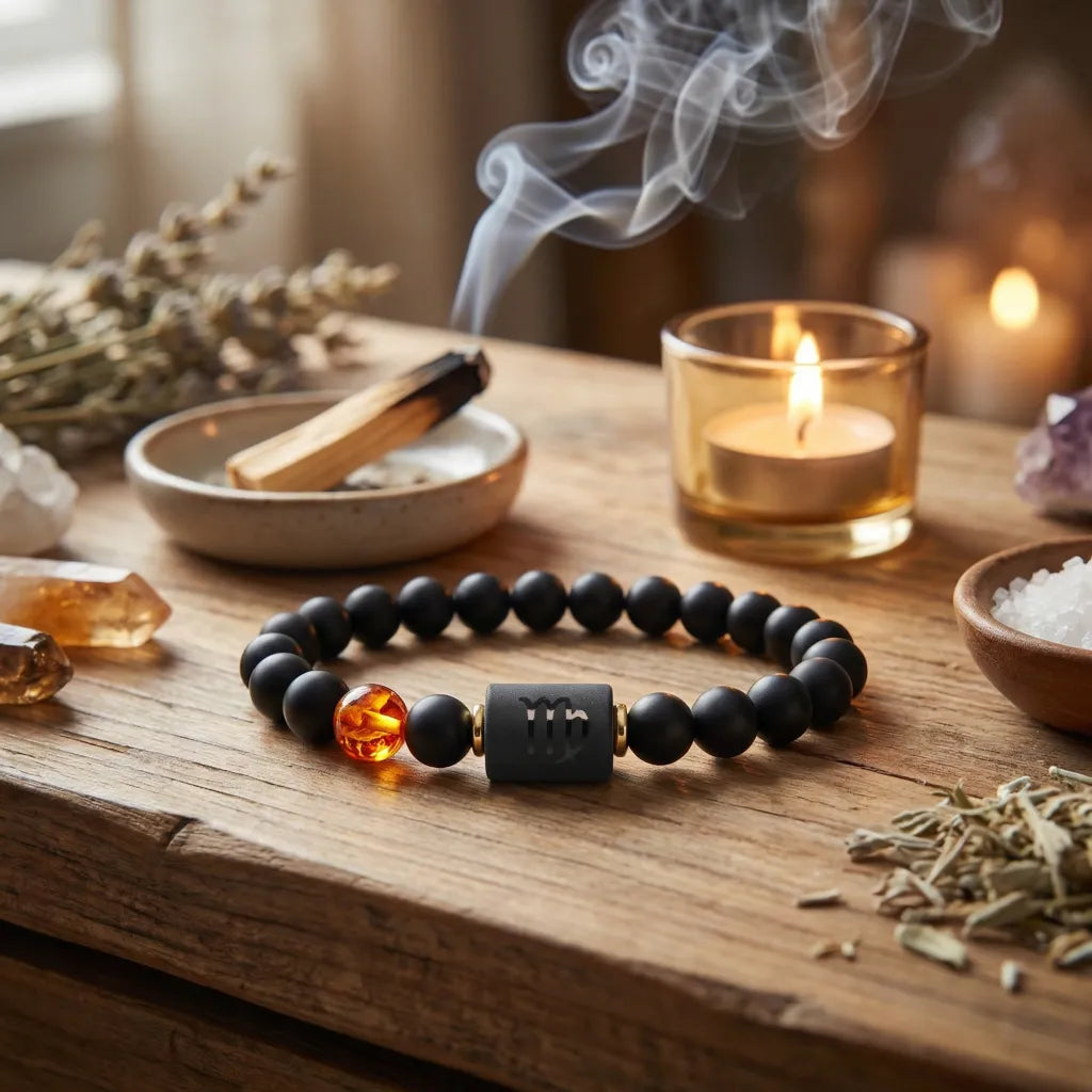 Capricorn zodiac bracelet on wooden table with candle and incense, black beads and amber charm create relaxing wellness ritual vibe