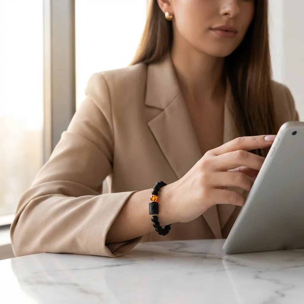 Capricorn zodiac bracelet styled with blazer while using tablet, black beads and amber charm enhance modern professional look