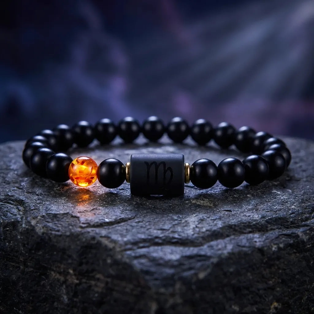 Capricorn zodiac bracelet on stone surface with glowing amber bead, black beads emphasize grounding energy and mystic appeal