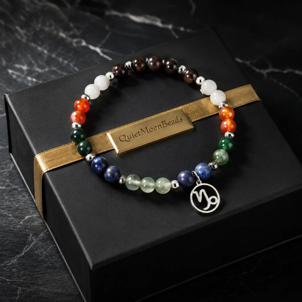 Capricorn zodiac gemstone bracelet displayed on luxury packaging with crystal bead craftsmanship ideal for thoughtful gifts.