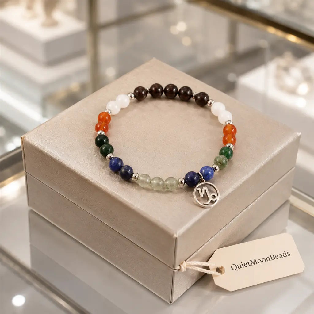 Capricorn zodiac crystal bracelet showcased on a luxury gift box featuring natural gemstone beads for meaningful astrology gifts.