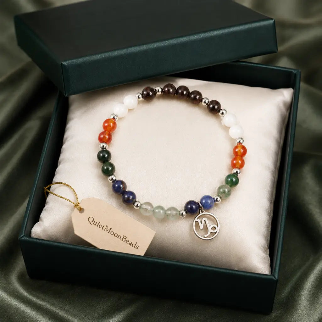 Capricorn zodiac crystal bracelet presented in an elegant keepsake box with healing gemstones perfect for gifting.