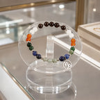 Capricorn zodiac crystal bracelet displayed on a clear acrylic stand featuring natural gemstone beads and luxury astrology jewelry appeal.